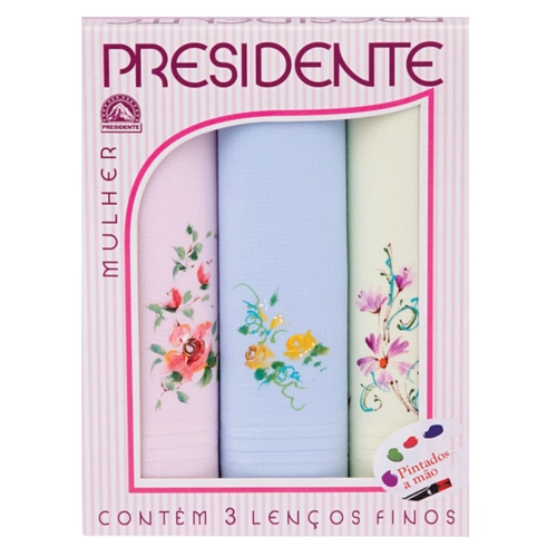 Kit 3 Lenços Presidente Feminino Pintados a Mão Em Algodão