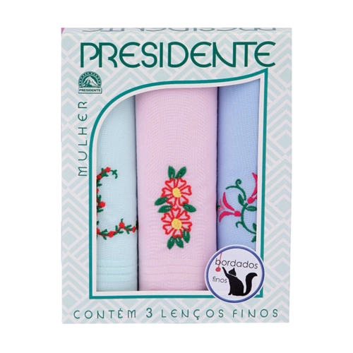 Kit 3 Lenços Presidente Feminino Com Bordados Finos Em Algodão