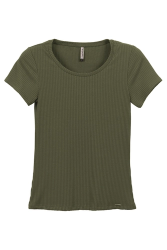 Blusa Manga Curta Marialícia Feminina Adulto Decote Redondo Malha Canelada