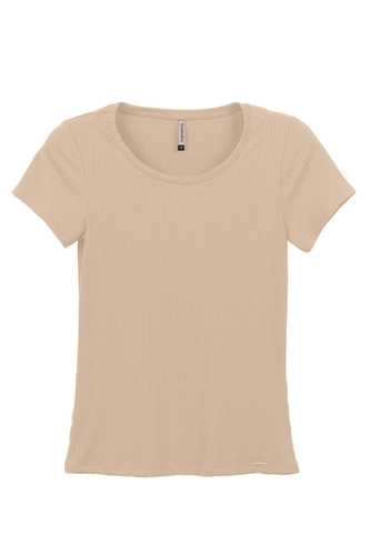 Blusa Manga Curta Marialícia Feminina Adulto Decote Redondo Malha Canelada