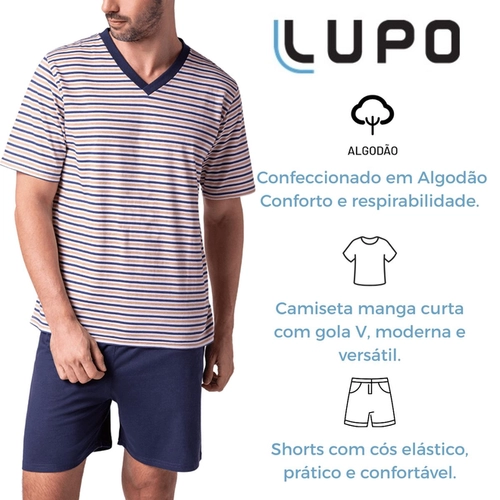 Pijama Manga Curta Lupo Masculino Adulto Listrado Algodão