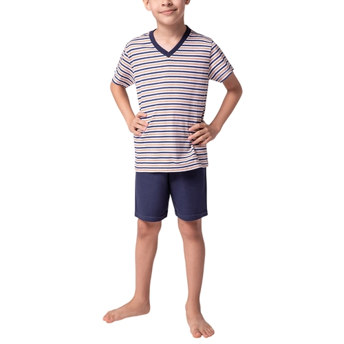 Pijama Lupo Masculino Juvenil Manga Curta Gola V Meia Malha Listrado Algodão