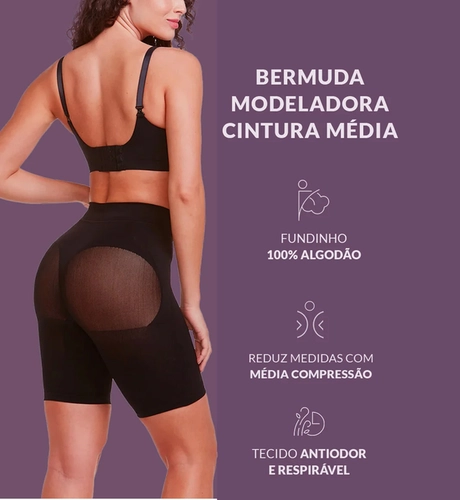 Bermuda Modeladora Plié Feminina Adulto Cintura Média Lift
