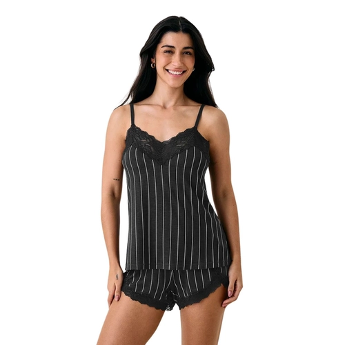 Pijama Short Doll Alças Finas Hope Adulto Viscose Risca De Giz E Renda Love Stories