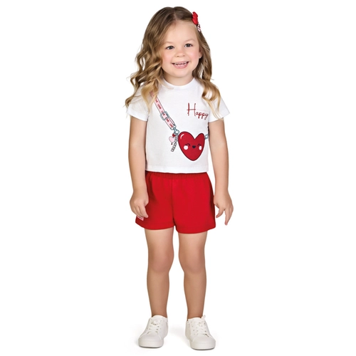 Conjunto Kamylus Infantil Feminino Blusa Estampa Happy E Shorts Em Algodão 1/3