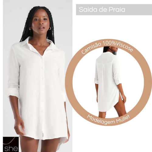 Saída de Praia Camisão She Feminino Adulto Viscose Lisa