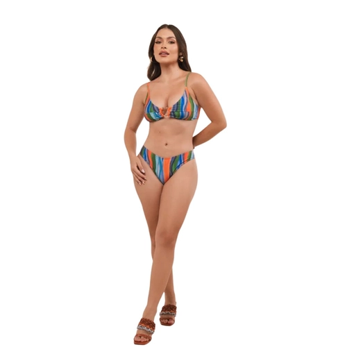 Biquíni Calor da Pele Top Com Argola E Calcinha Tanga Estampada