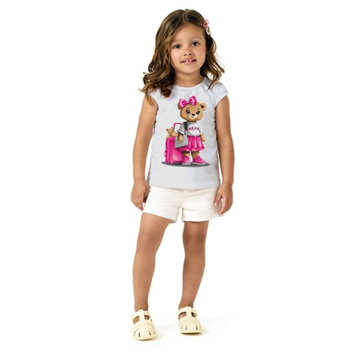 Blusa Manga Curta kyly Infantil Em Algodão Ursinha  Com Mala 1/3