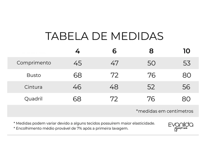 Tabela de Medidas