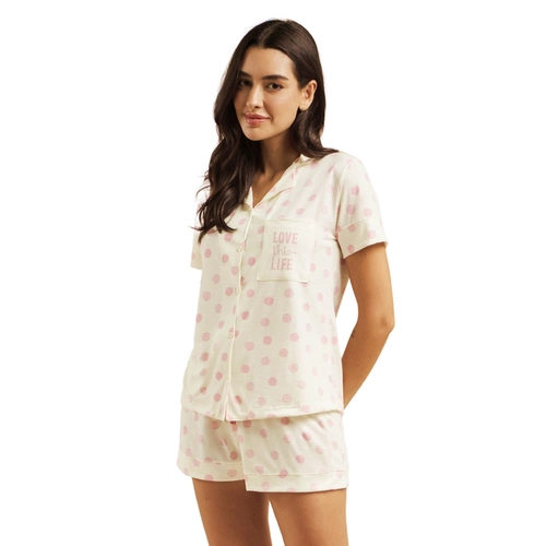 Pijama Americano Manga Curta Aurora Joaquina Feminino Adulto Poá Em Poliviscose