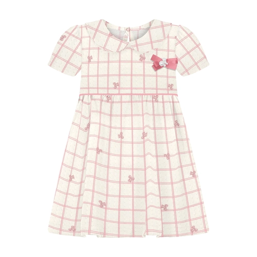 Vestido Manga Curta Alakazoo! Feminino Infantil Malha Nikko Quadriculado E Lacinhos 1/3