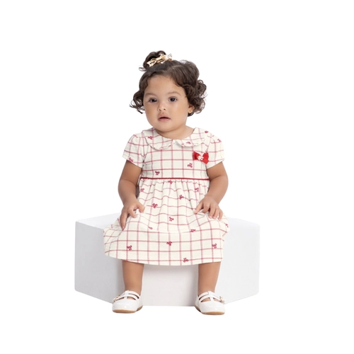 Vestido Manga Curta Alakazoo! Feminino Infantil Malha Nikko Quadriculado E Lacinhos 1/3