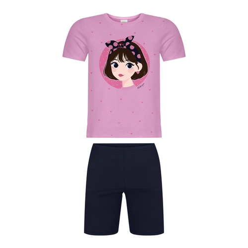 Conjunto Alakazoo! Feminino Infantil Blusa Manga Curta Estampas Sortidas E Bermuda Lisa Cotton High