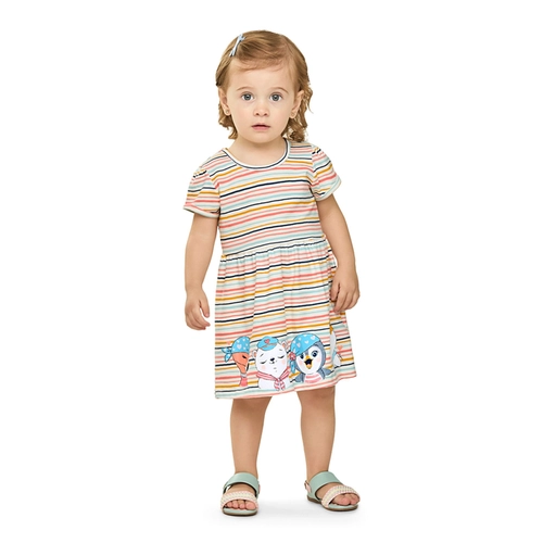 Vestido Manga Curta Elian Infantil Listrado Em Cotton Leve 1/3