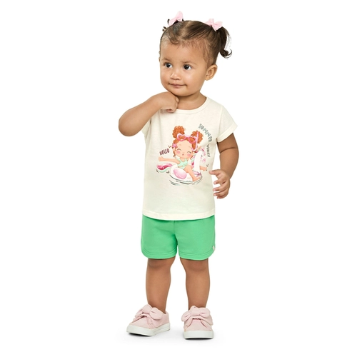 Conjunto Elian Feminino Bebê Blusa Manga Curta Estampas Variadas e Shorts Moletom