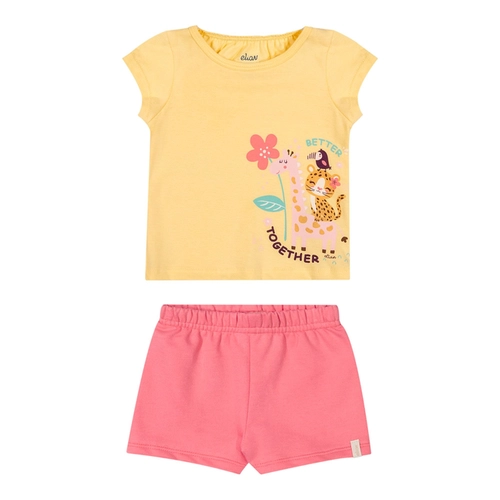 Conjunto Elian Feminino Bebê Blusa Manga Curta Estampas Variadas e Shorts Moletom