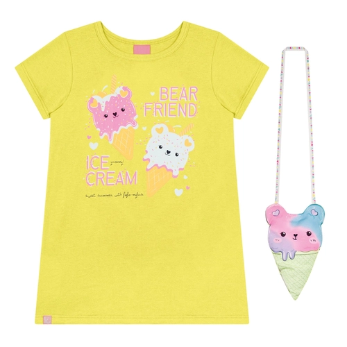 Vestido Manga Curta Com Bolsa Sorvetinho Kamylus Infantil Meia Malha Penteada 4/8