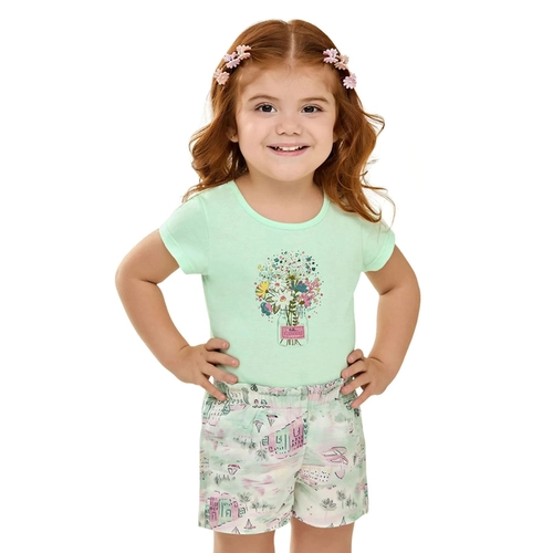 Conjunto Elian Feminino Infantil Blusa Flores e Shorts Viscose Sarjada 4/8