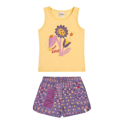 Conjunto Elian Feminino Infantil Regata Estampas Variadas e Shorts Meia Malha Algodão 1/3