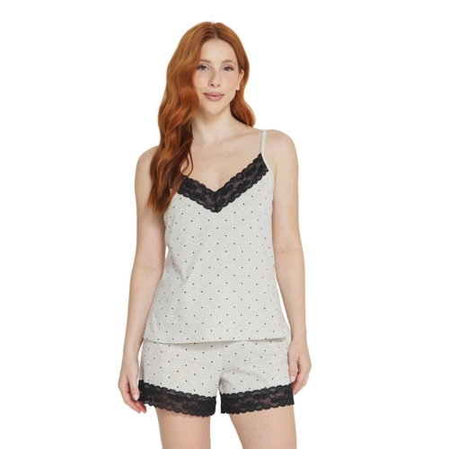 Pijama de Alcinhas Danka Feminino Adulto Poás Com Renda Em Meia Malha Mesclada