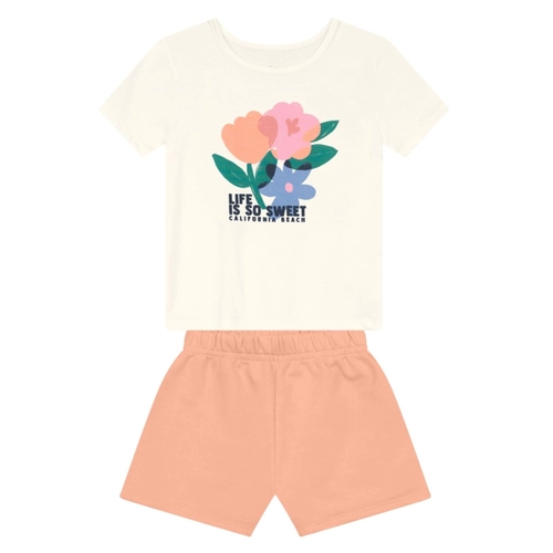 Conjunto Brandili Feminino Juvenil Blusa Flores Califórnia e Shorts Moletom