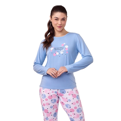 Pijama Manga Longa Cia do Corpo Feminino Adulto Em Malha Suedy Dreams