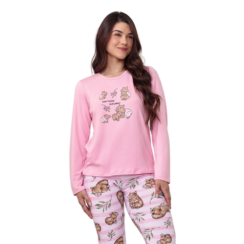 Pijama Manga Longa Cia do Corpo Feminino Adulto Em Malha Suedy Friends
