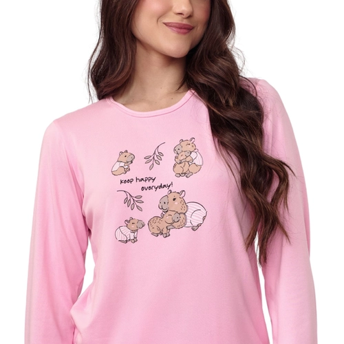 Pijama Manga Longa Cia do Corpo Feminino Adulto Em Malha Suedy Friends