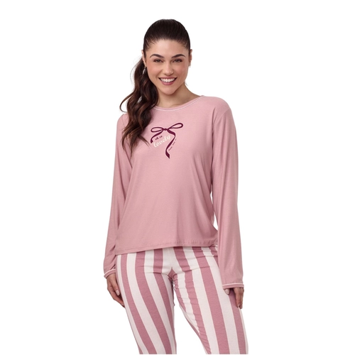 Pijama Manga Longa Cia do Corpo Feminino Adulto Em Viscolycra Listrada