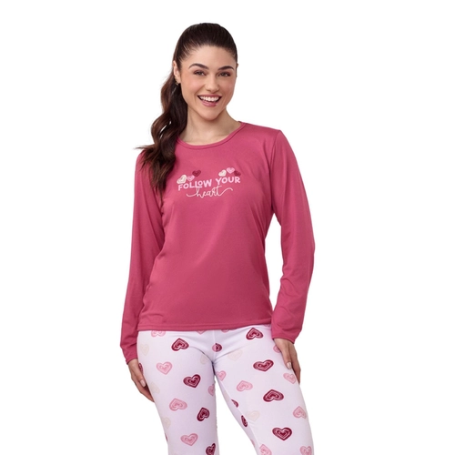 Pijama Manga Longa Cia do Corpo Feminino Adulto Em Malha Suedy Fashion