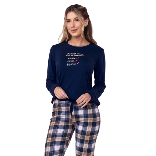 Pijama Manga Longa Cia do Corpo Feminino Adulto Em Malha Suedy Xadrez