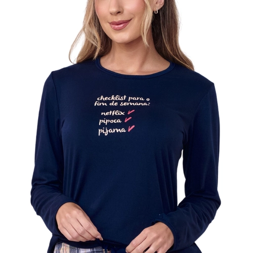 Pijama Manga Longa Cia do Corpo Feminino Adulto Em Malha Suedy Xadrez