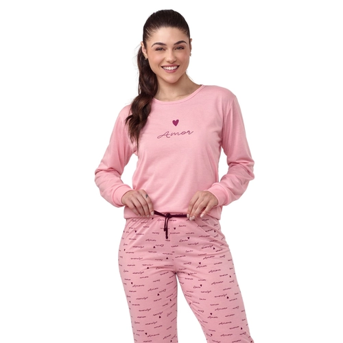 Pijama Manga Longa Cia do Corpo Feminino Adulto Em Malha Mescla Color