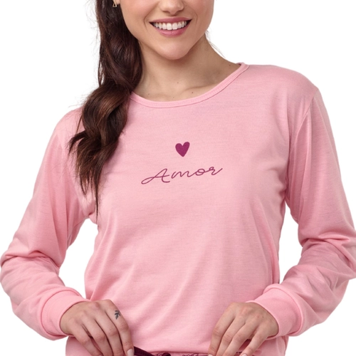 Pijama Manga Longa Cia do Corpo Feminino Adulto Em Malha Mescla Color
