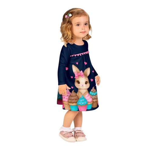 Vestido Manga Longa Kyly Infantil Coelinha Algodão 1/3