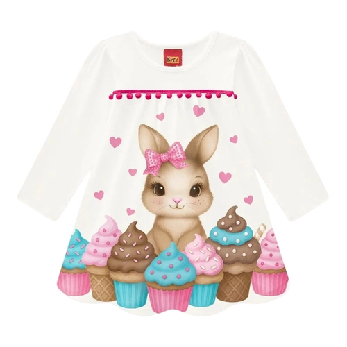 Vestido Manga Longa Kyly Infantil Coelinha Algodão 1/3