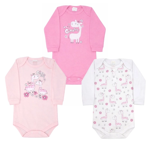 Kit 3 Bodys Manga Longa Petutinha Feminino Bebê Girafinha Em Malha Suedine