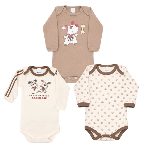 Kit 3 Bodys Manga Longa Petutinha Masculino Bebê Dogs Em Malha Suedine