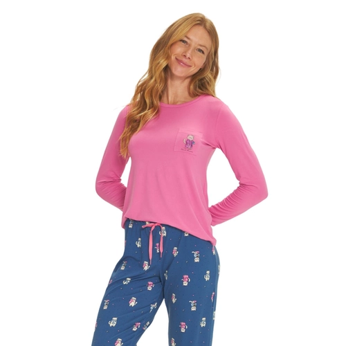 Pijama Manga Longa Danka Feminino Adulto Pink Gatinhos Peach Touch