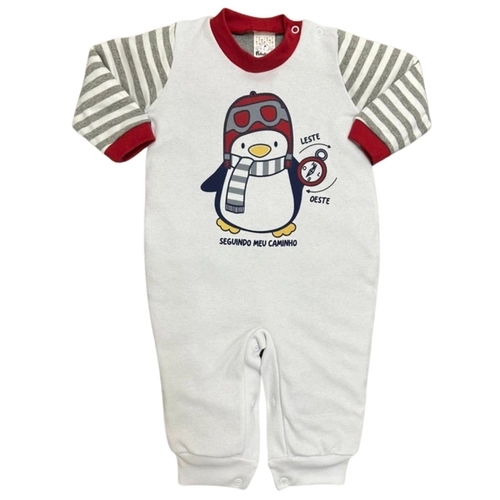 Macacão Manga Longa Petutinha Bebê Masculino Longo Penguim Suedine