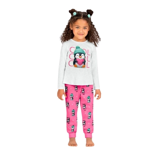 Pijama Manga Longa Kyly Feminino Infantil Pinguim Brilha No Escuro Em Meia Malha Algodão 4/8