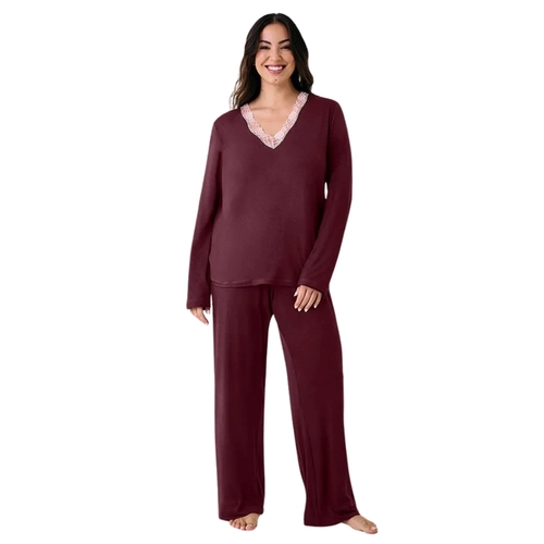 Pijama Manga Longa Hope Feminino Adulto Em Viscose e Renda Moon