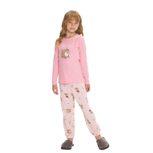 Pijama Manga Longa Danka Feminino Infantil Rosa Pets Em Poliviscose