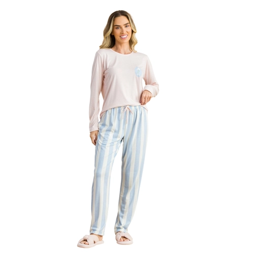 Pijama Manga Longa Anna Kock Feminino Adulto Listrado Em PV