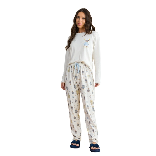 Pijama Manga Longa Anna Kock Feminino Adulto Ursinho Algodão