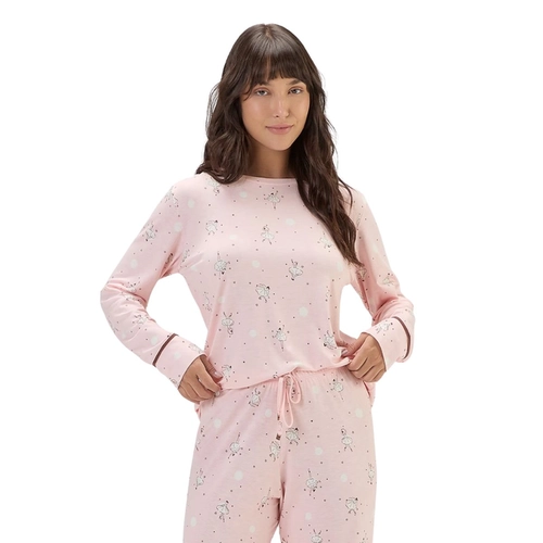 Pijama Manga Longa Cor Com Amor Feminino Adulto Bailarinas Em Malha Visco Comfy