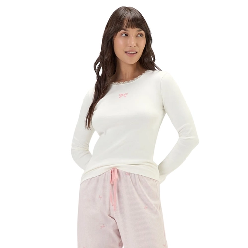 Pijama Manga Longa Cor Com Amor Feminino Adulto Laços Em Canelado E Malha Comfy