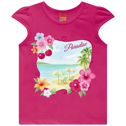 Blusa Manga Curta Kyly Infantil Feminina Tropical Em Algodão 4/8