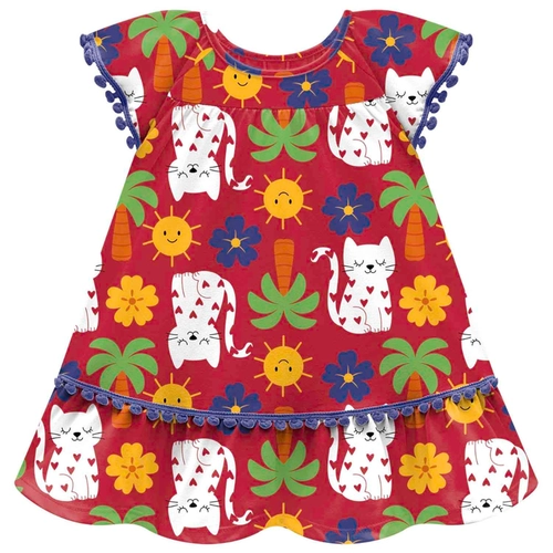 Vestido Manga Curta Kyly Infantil Feminino Gatinhos Em Algodão 1/3