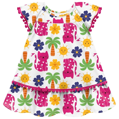 Vestido Manga Curta Kyly Infantil Feminino Gatinhos Em Algodão 1/3